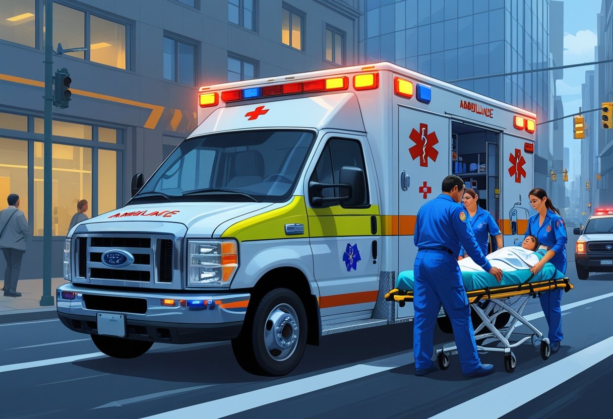 Ambulância de Suporte Avançado: Equipamentos e Recursos Para Atendimento de Emergência 1 Ambulância de suporte avançado com paramédicos atendendo um paciente em uma rua da cidade.