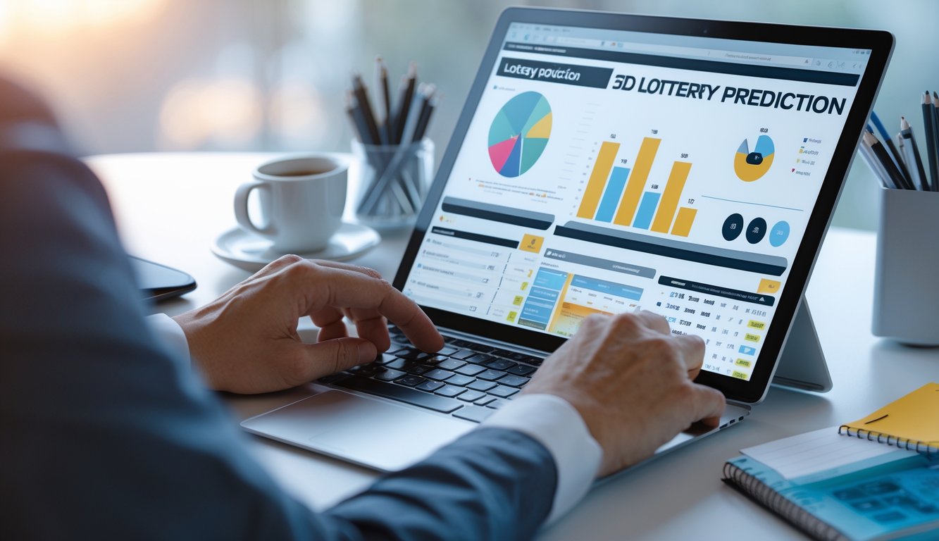 Meja kerja dengan perangkat digital menampilkan grafik dan angka prediksi togel 3D, tangan seseorang sedang menggunakan laptop.