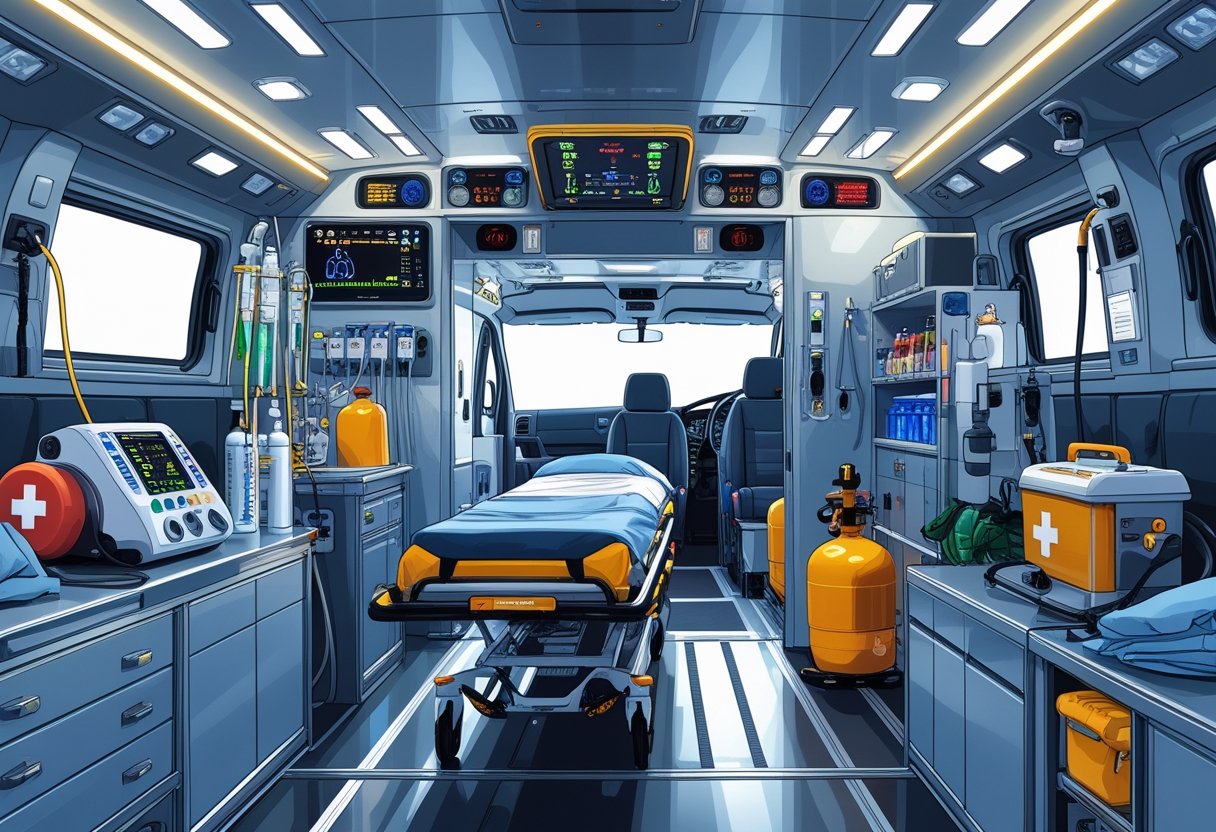 Ambulância de Suporte Avançado: Equipamentos e Recursos Para Atendimento de Emergência 2 Interior de uma ambulância de suporte avançado mostrando equipamentos médicos e a estrutura interna.