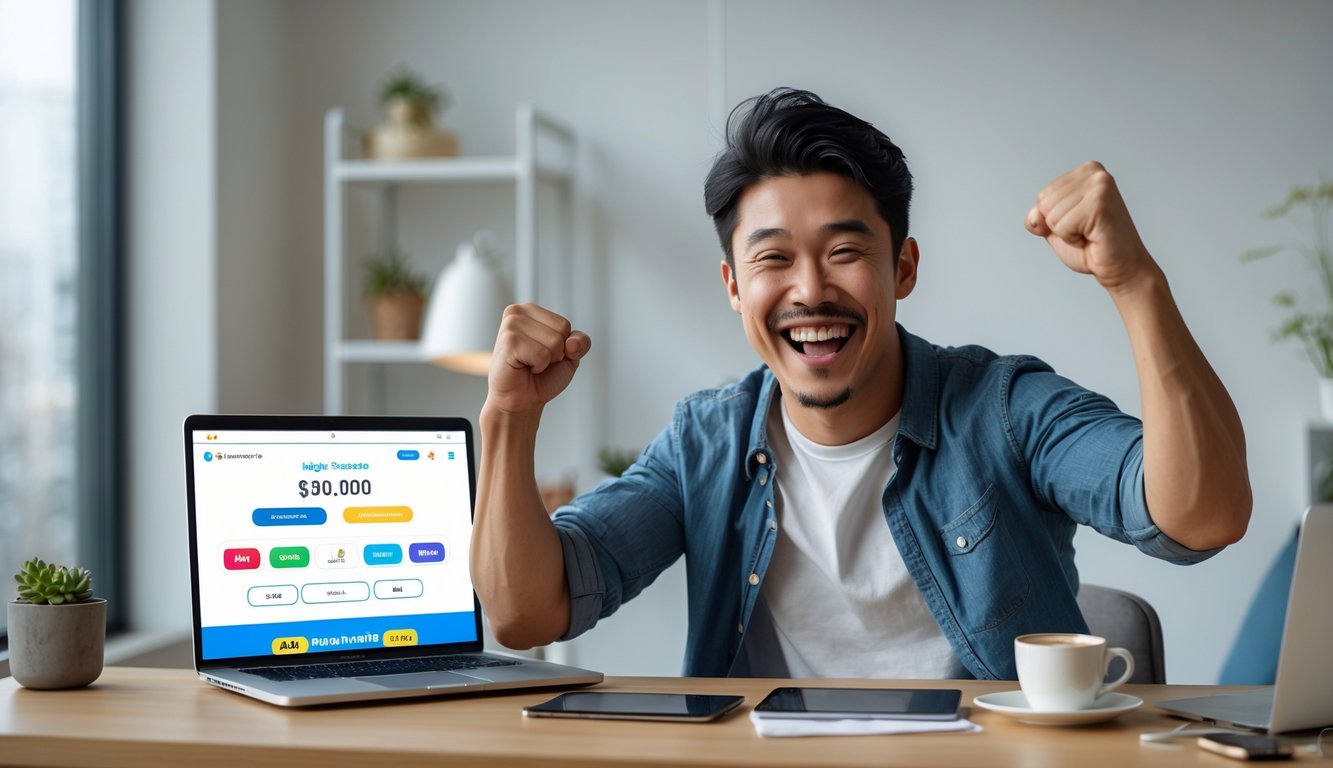 Seorang pria muda Asia tersenyum dan merayakan kemenangan kecil judi togel online di depan laptop di dalam ruangan yang nyaman.