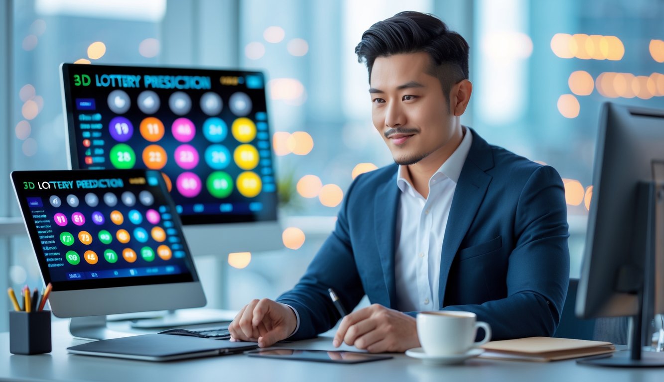 Seorang pria Asia Tenggara duduk di meja kantor modern sambil melihat layar komputer dengan grafik prediksi togel 3D.