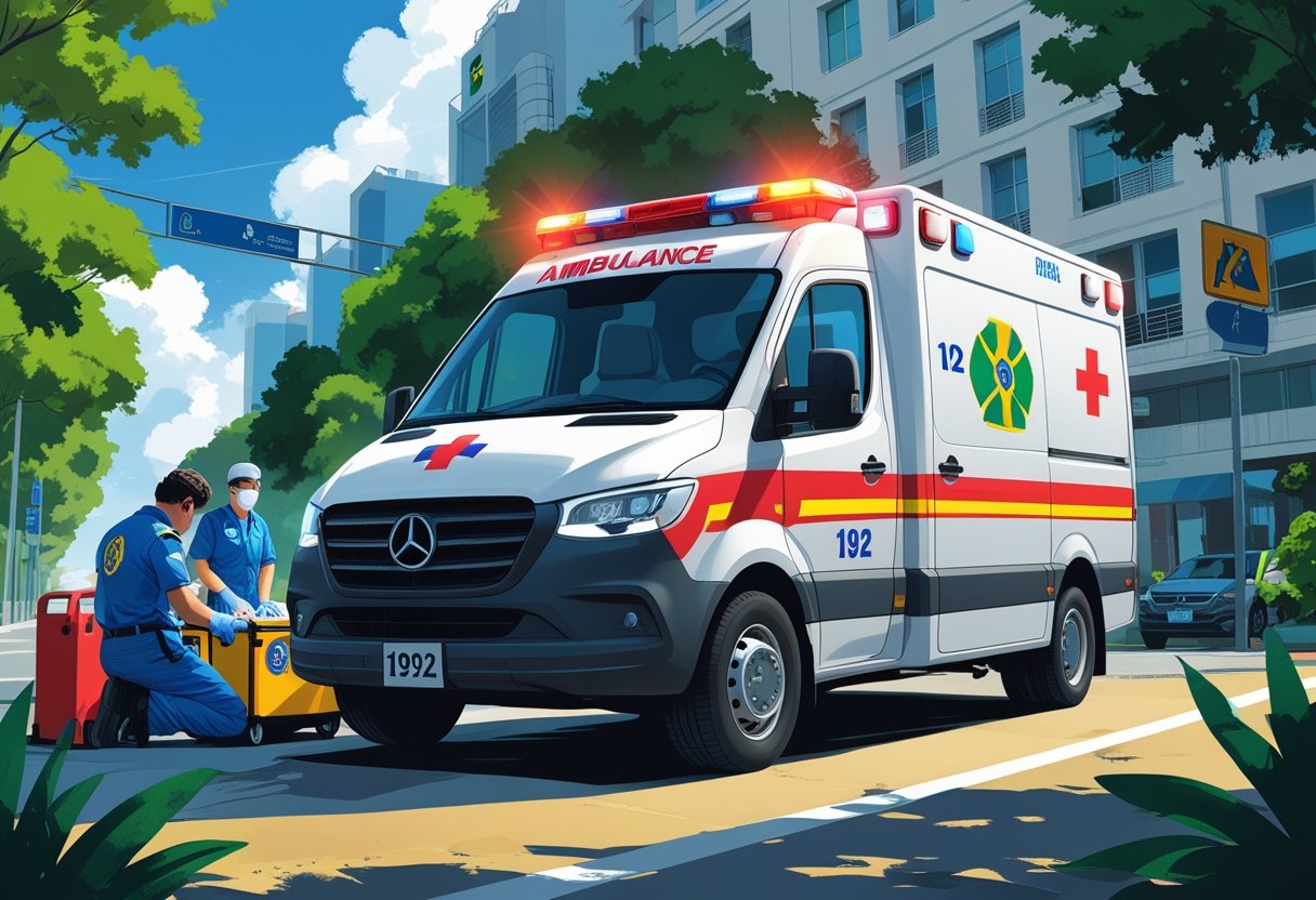 Número da Ambulância no Brasil: Como Acionar a ambulância 1 Uma ambulância brasileira em uma rua urbana, com paramédicos próximos e elementos típicos da cidade ao fundo.