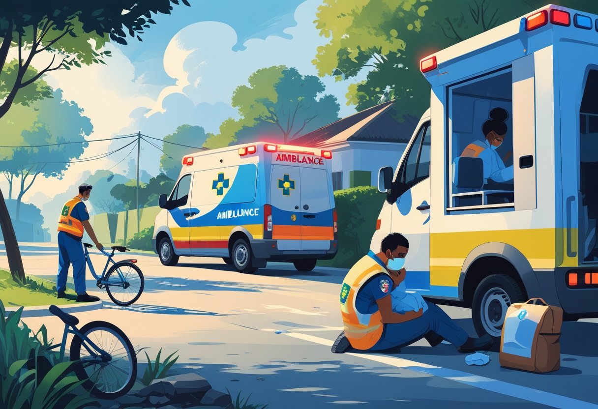 Número da Ambulância no Brasil: Como Acionar a ambulância 2 Paramédico atendendo uma pessoa com emergência médica ao lado de uma ambulância brasileira com luzes de emergência acesas, em uma área residencial.