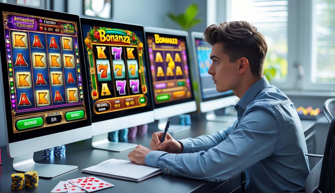 Seorang dewasa muda duduk di meja modern dengan beberapa layar komputer menampilkan permainan slot Bonanza, sambil mencatat strategi judi slot.