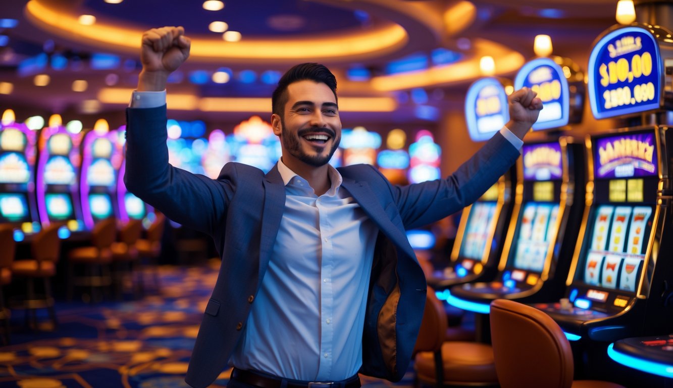 Seorang pria tersenyum dan mengangkat tangan merayakan kemenangan di mesin slot di dalam kasino.