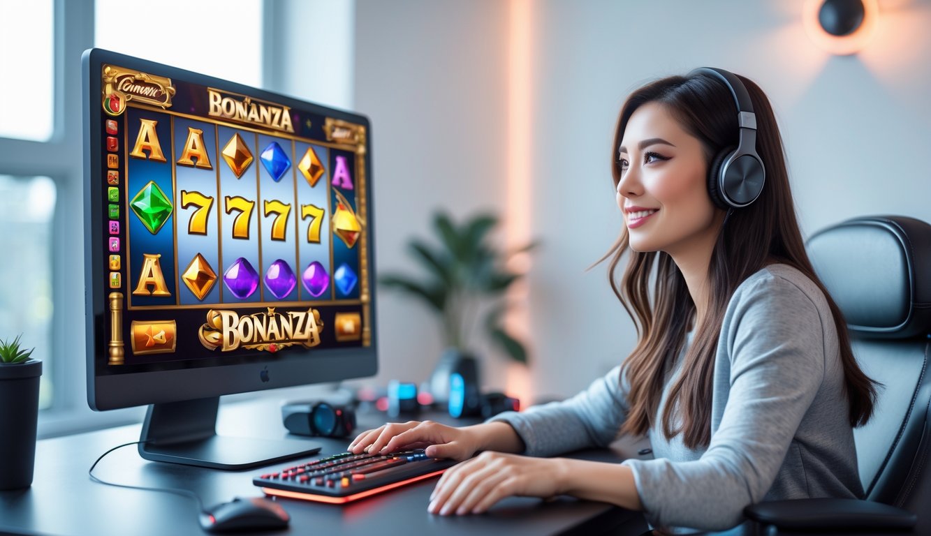 Seorang wanita muda duduk di depan komputer dengan tampilan permainan slot berwarna-warni, terlihat fokus dan tersenyum di ruangan yang terang.