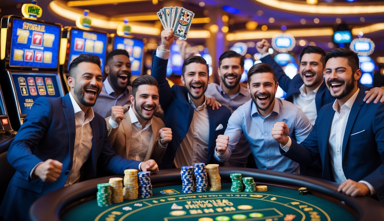 Sekelompok pria merayakan kemenangan besar di mesin slot kasino secara langsung dengan ekspresi bahagia dan suasana kasino yang hidup.