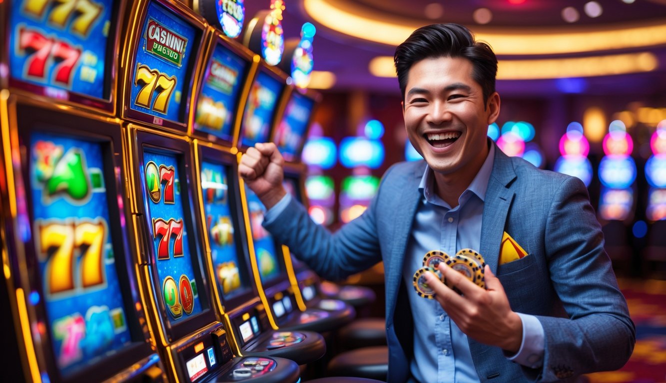 Seorang pria muda Asia Tenggara tersenyum gembira sambil berdiri di dekat mesin slot di dalam kasino yang terang dan ramai.