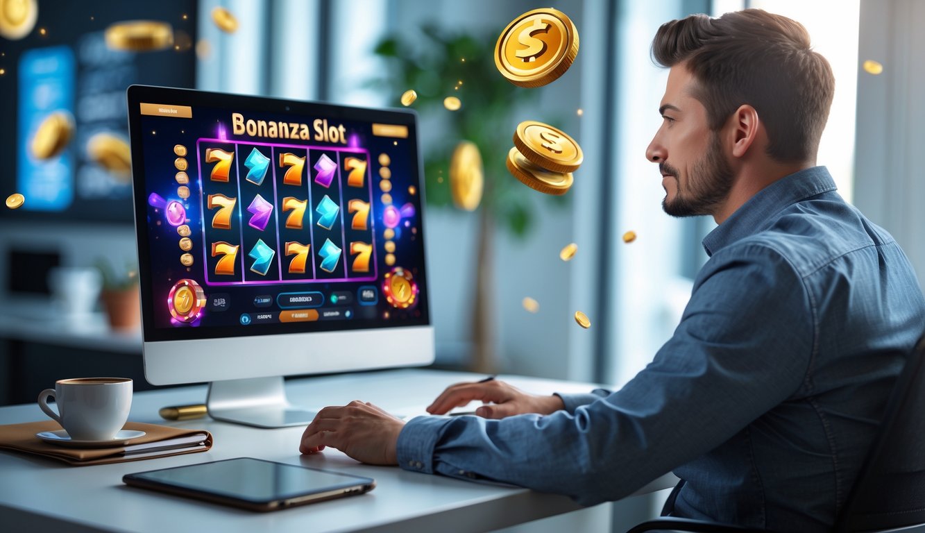 Seorang pria muda duduk di meja kerja dengan laptop yang menampilkan permainan slot online, di sekitar meja terdapat kopi dan ponsel.