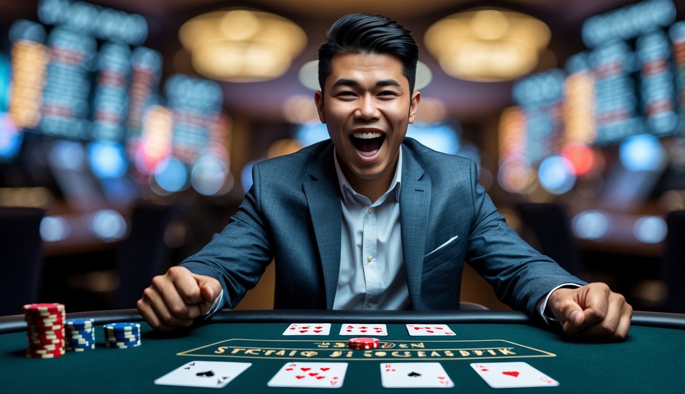 Seorang pria muda Indonesia terlihat senang di meja kasino dengan kartu blackjack dan chip di depannya.