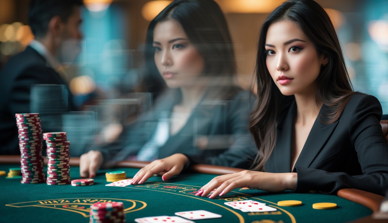 Seorang wanita muda sedang duduk di meja judi blackjack dengan ekspresi fokus dan kartu serta chip judi di depannya.