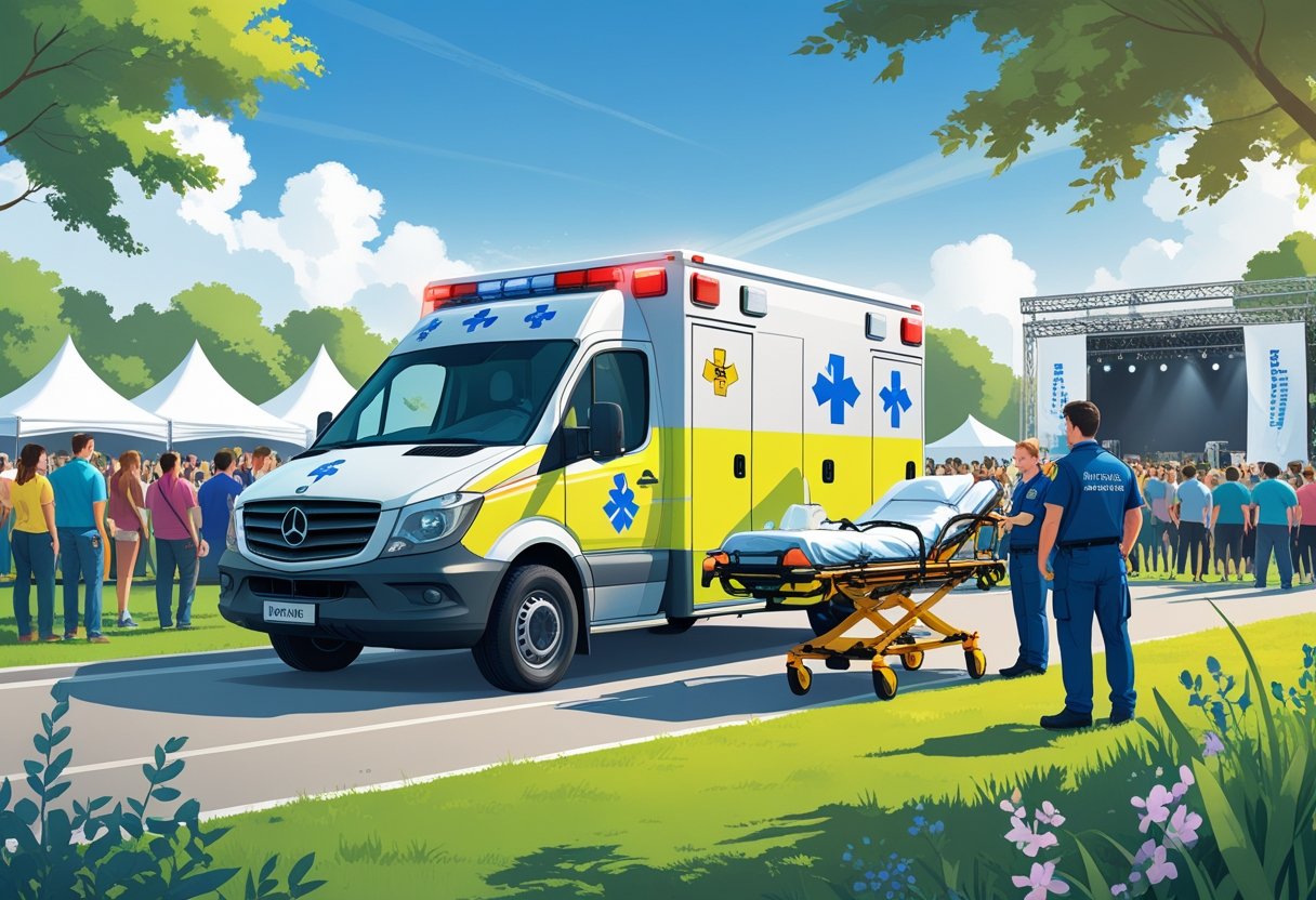Uma ambulância equipada estacionada próxima a um evento ao ar livre com pessoas ao fundo e paramédicos preparados para atendimento.