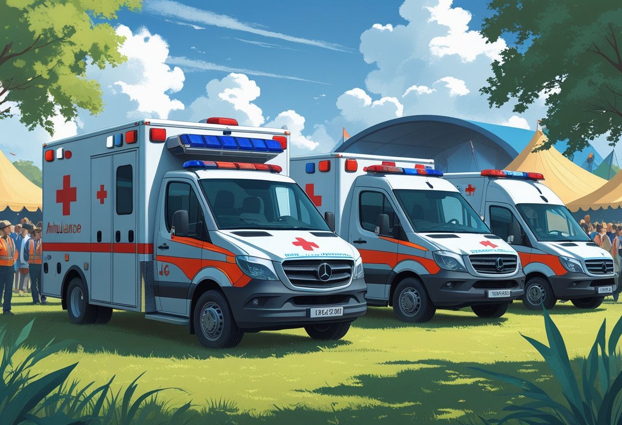 Vários tipos de ambulâncias estacionadas em um evento ao ar livre com pessoas e tendas ao fundo, mostrando prontidão para atendimento médico.