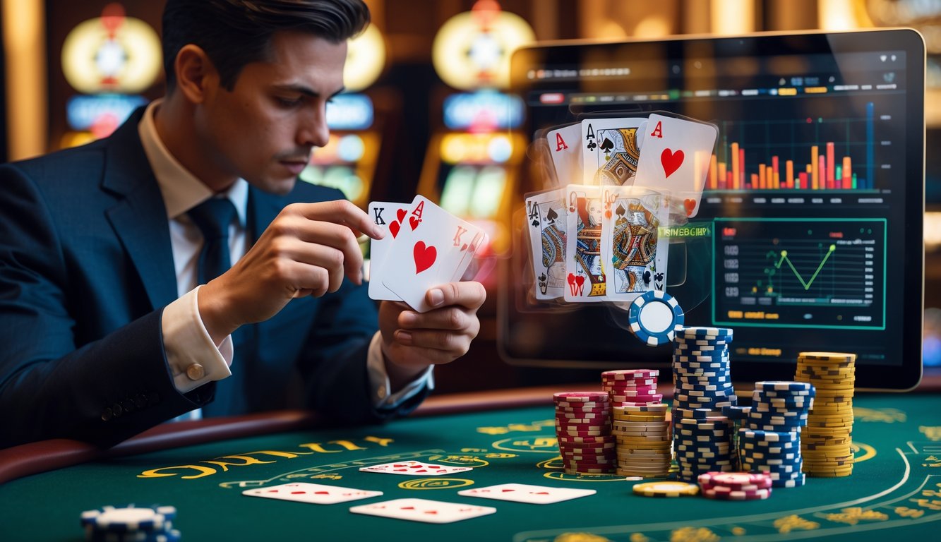 Seorang pria berpakaian rapi sedang menganalisis kartu blackjack dan tumpukan chip di meja kasino dengan gambar transparan kartu, uang, dan grafik strategi.