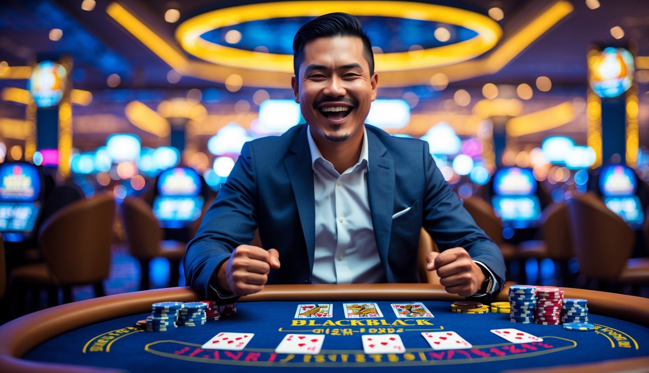 Seorang pria Indonesia tampak gembira merayakan kemenangan besar saat bermain blackjack di kasino.