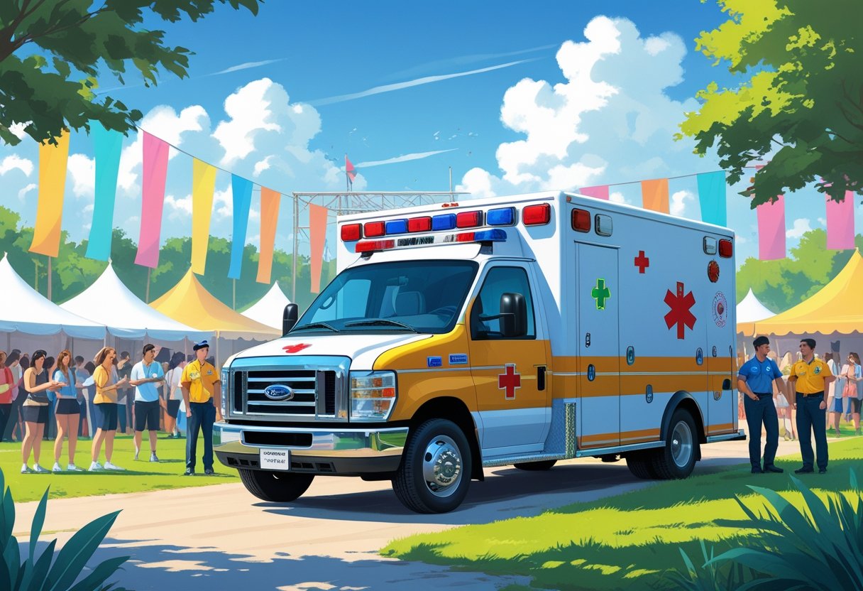 Ambulância estacionada em um evento ao ar livre com pessoas e paramédicos próximos, transmitindo segurança e atendimento médico.