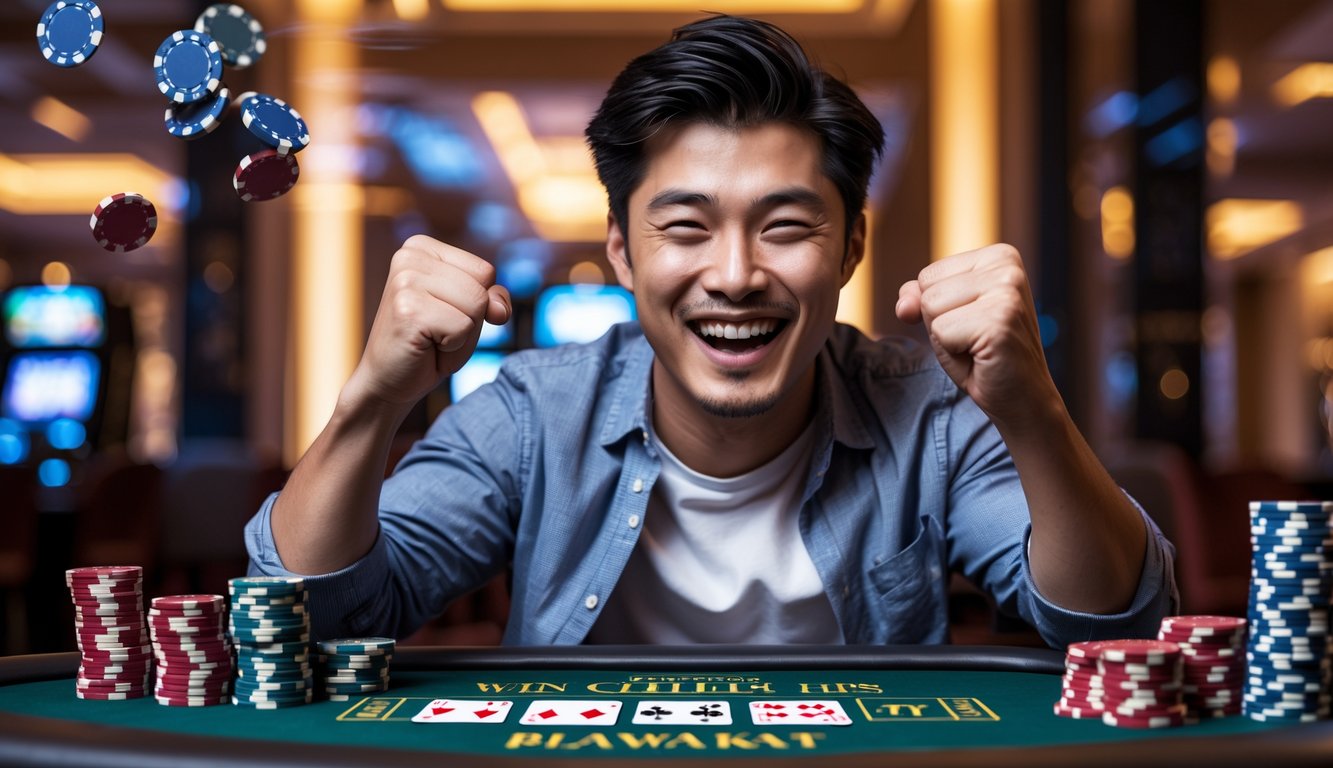 Seorang pria muda Asia merayakan kemenangan judi blackjack dengan ekspresi senang di meja kasino.