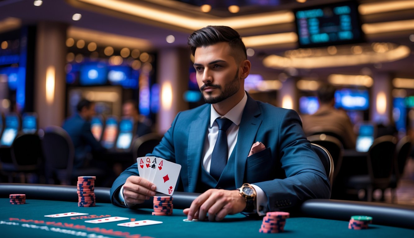 Seorang pria percaya diri duduk di meja poker dengan kartu dan tumpukan chip di depan, di latar belakang kasino modern.