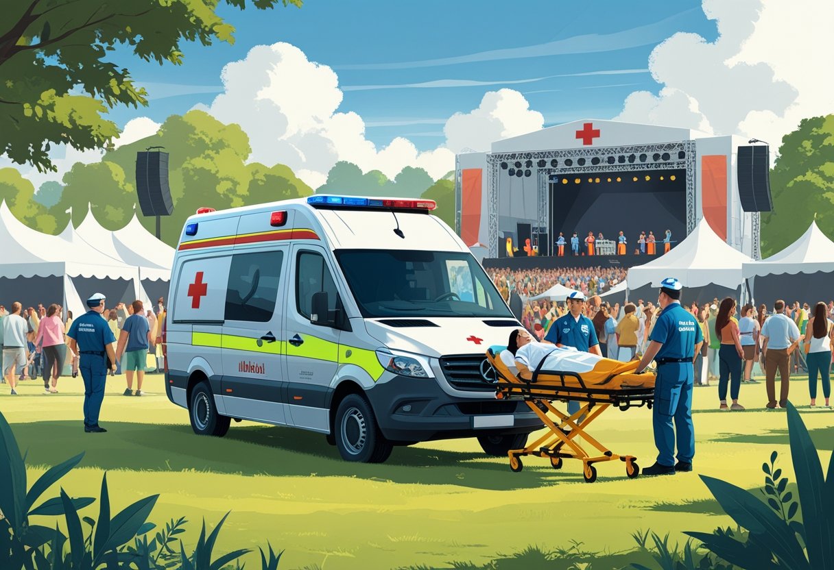 Ambulância estacionada próxima a um evento ao ar livre com paramédicos atendendo uma pessoa em uma maca, enquanto pessoas participam do evento ao fundo.