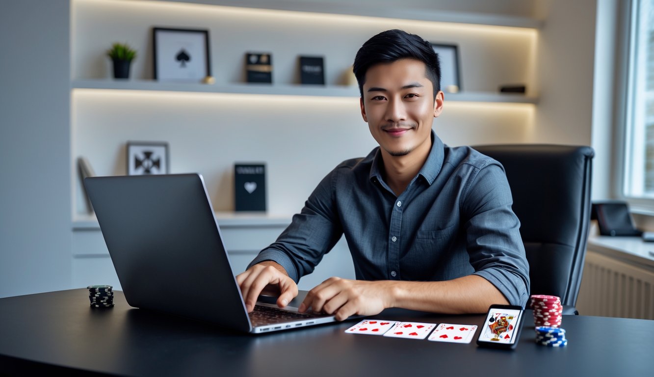 Seorang dewasa muda duduk di meja dengan laptop, fokus bermain poker online dengan kartu dan chip poker di sekitar.