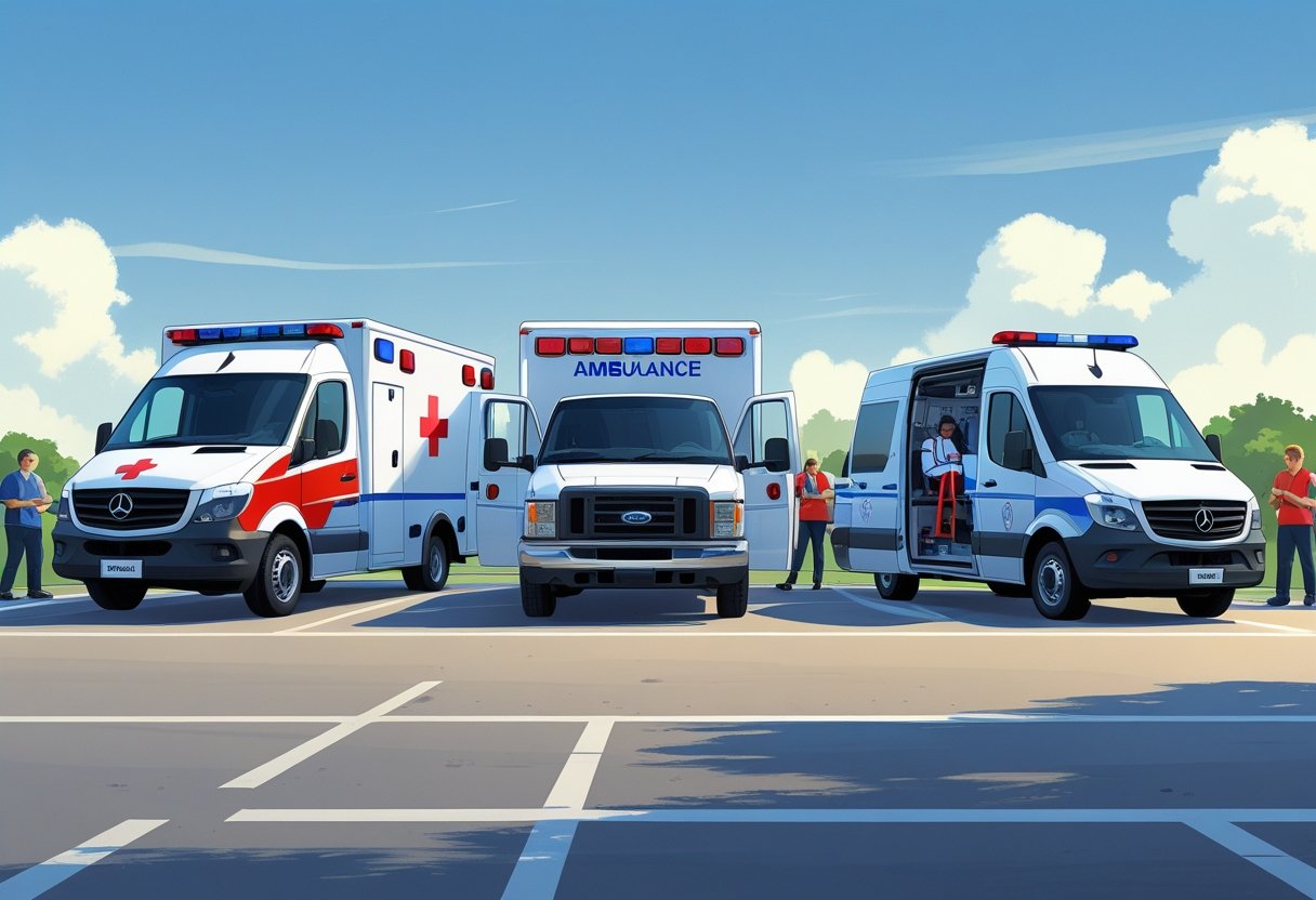 Três tipos diferentes de ambulâncias estacionadas lado a lado, com profissionais de saúde e equipamentos médicos visíveis, em um ambiente que sugere um evento.