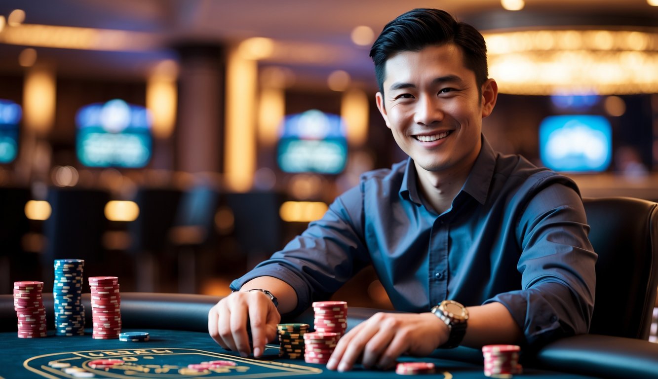 Seorang pria muda Asia Tenggara yang percaya diri duduk di meja poker dengan kartu dan tumpukan chip, terlihat bahagia dan menang.