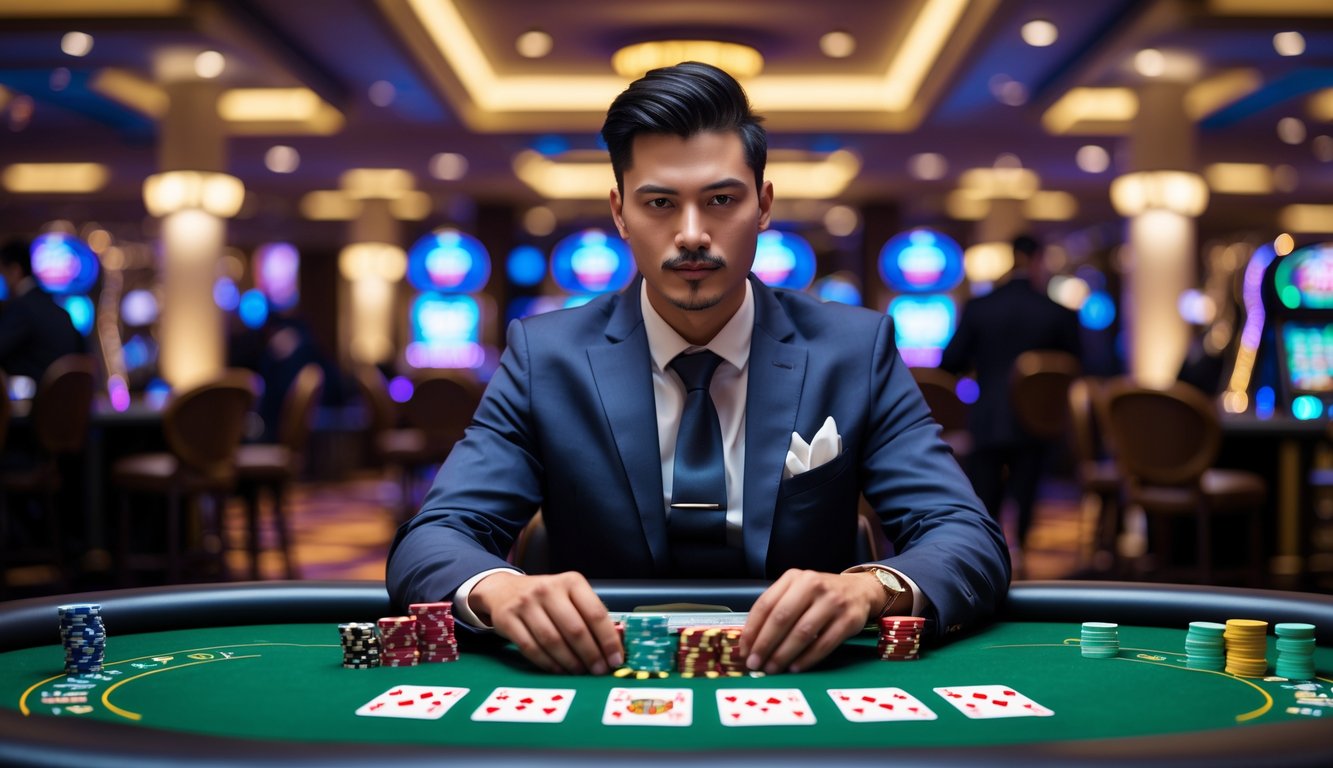 Seorang pemain poker yang percaya diri duduk di meja poker dengan kartu dan chip, di dalam kasino yang mewah.