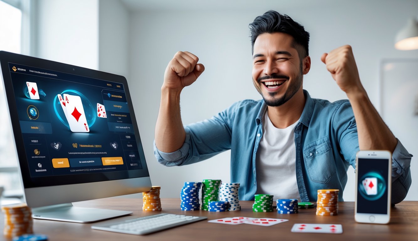 Seorang pria sedang merayakan kemenangan poker online dengan ekspresi gembira di depan komputer.