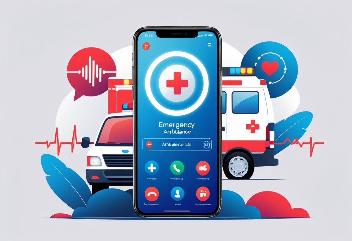 Um telefone moderno exibindo uma chamada de emergência para ambulância, com elementos gráficos de comunicação e um veículo de ambulância ao fundo.