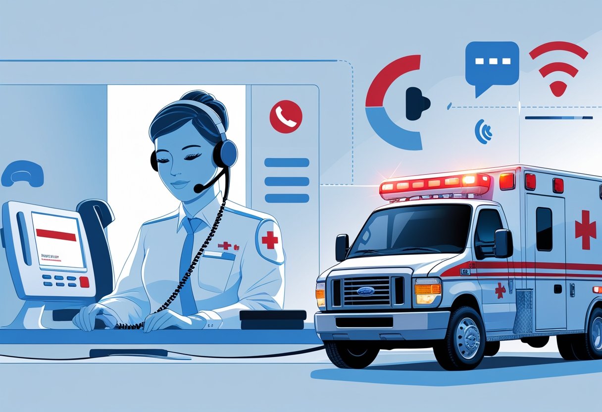 Cena de um centro de chamadas de emergência com um despachante atendendo e uma ambulância com luzes acesas pronta para partir.