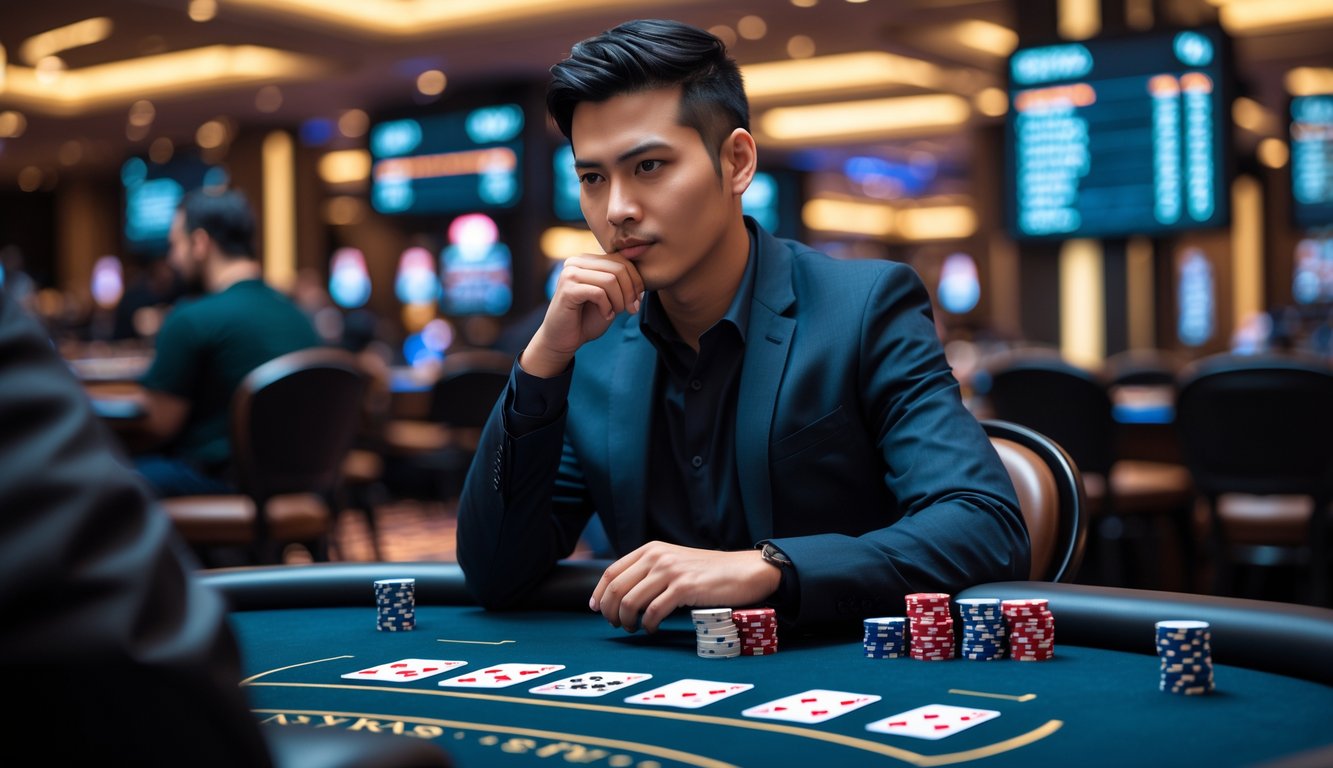 Seseorang duduk di meja poker dengan tumpukan chip dan kartu, terlihat fokus dan strategis di lingkungan kasino modern.