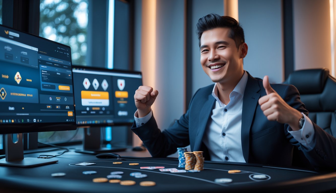 Seorang pria tersenyum bangga duduk di depan perangkat digital dengan kartu poker dan chip di meja, menunjukkan kemenangan judi poker online.