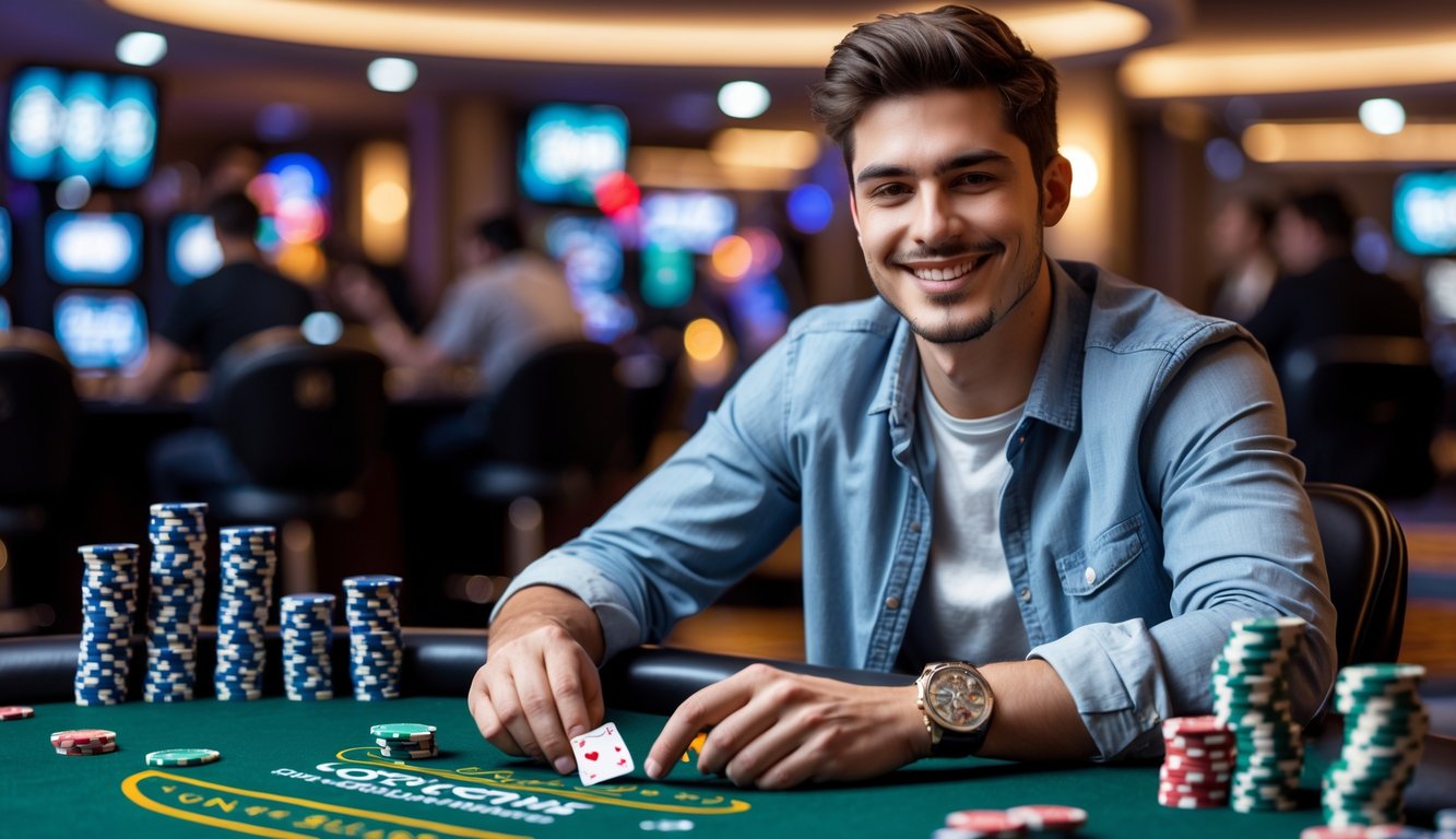 Seorang pria muda tersenyum duduk di meja poker dengan kartu dan tumpukan chip di kasino.
