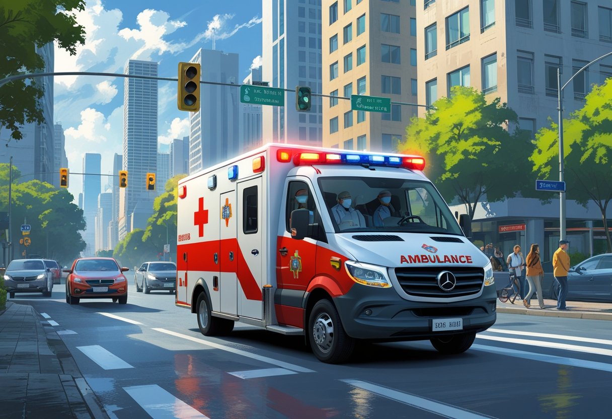 Uma ambulância de São Paulo em uma rua movimentada da cidade, com prédios altos, carros e pedestres ao redor.