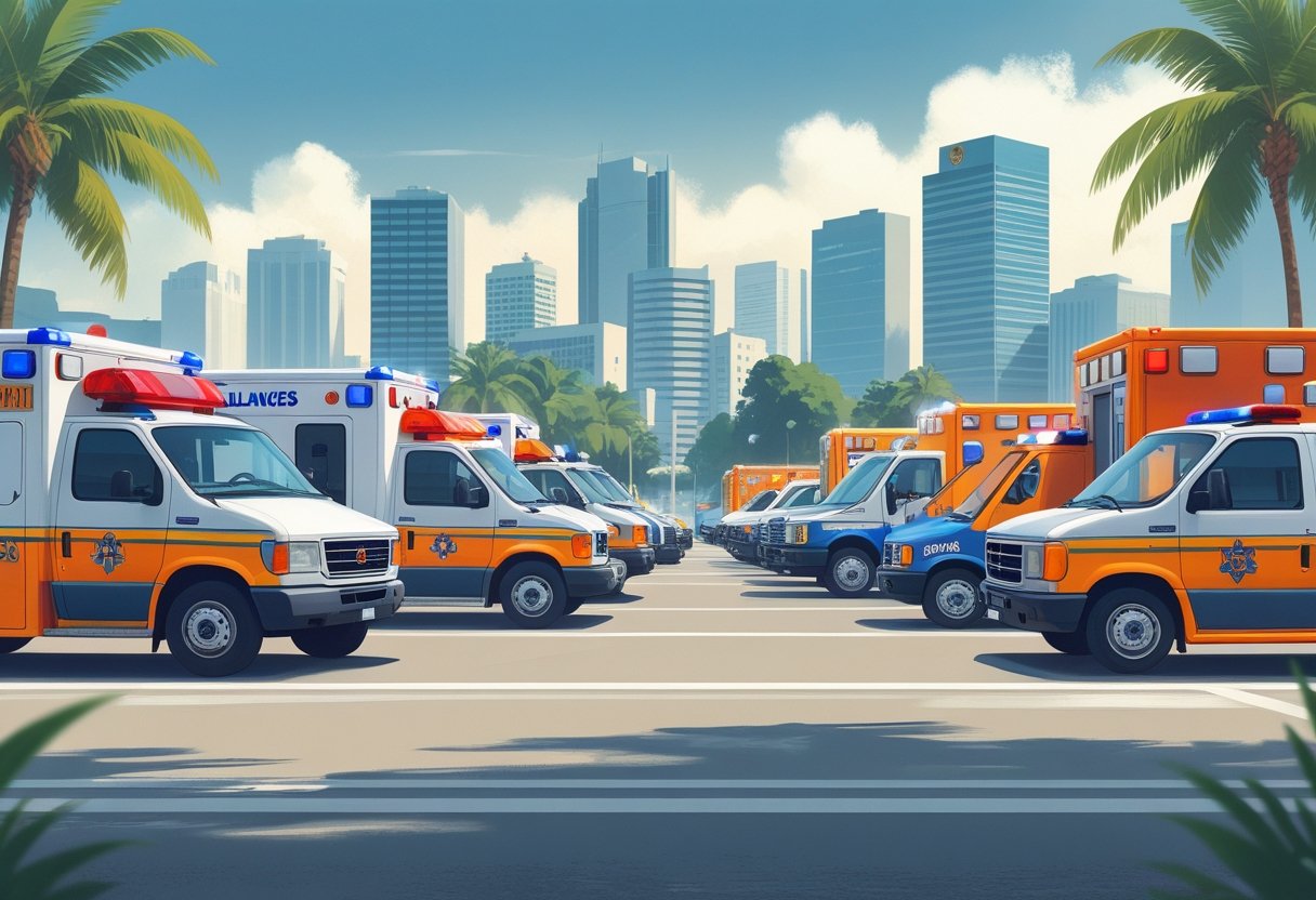 Vários tipos de ambulâncias diferentes estacionadas lado a lado em uma paisagem urbana que lembra São Paulo, com prédios e árvores ao fundo.