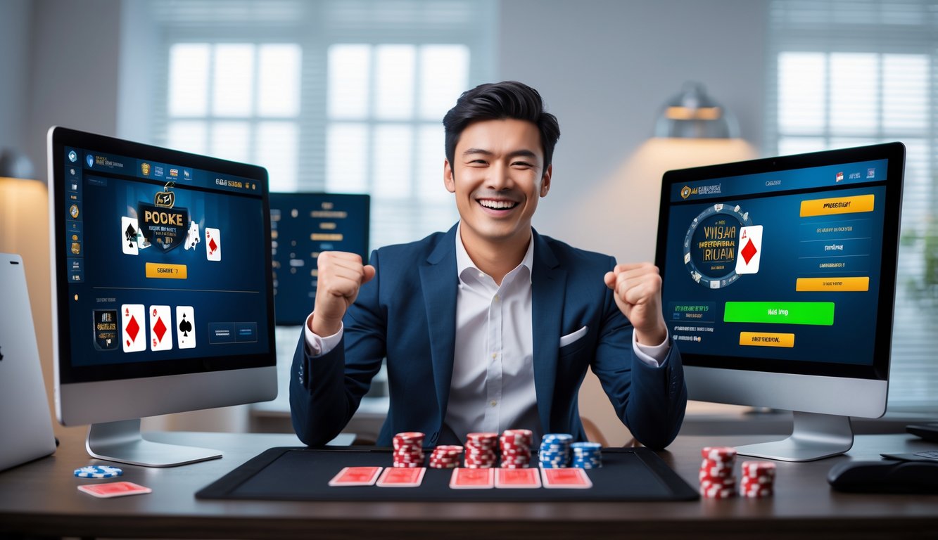Seorang pria muda tersenyum bahagia duduk di depan komputer dengan layar permainan poker online dan tumpukan chip di meja.