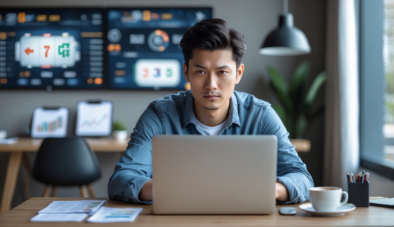 Seorang pria muda duduk di depan laptop dengan ekspresi fokus dan serius, di sebuah meja kerja yang rapi dengan beberapa catatan dan cangkir kopi.