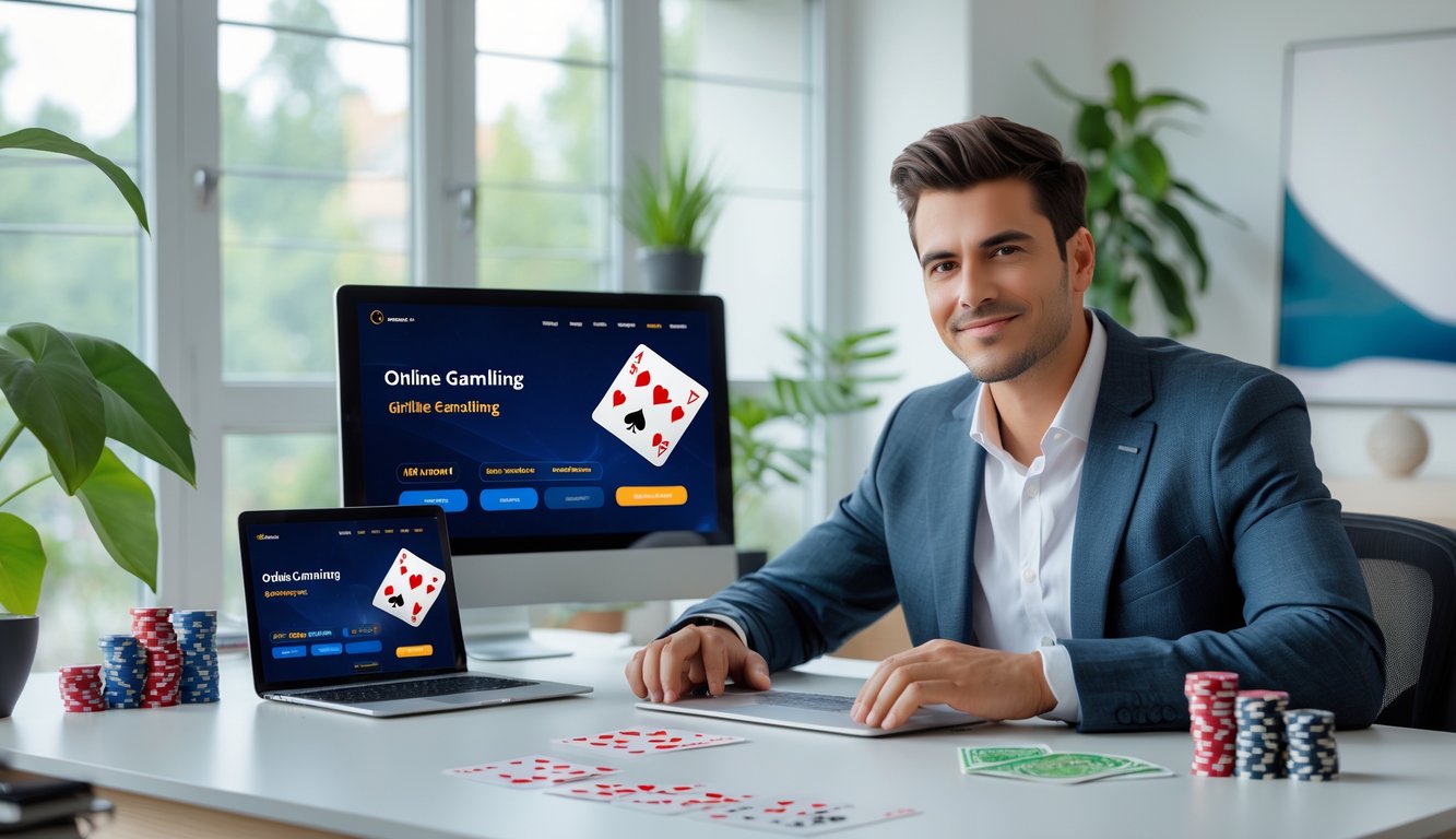 Seorang pria muda duduk di meja modern dengan laptop dan ponsel, tampak fokus dan percaya diri di ruang kerja yang terang dan rapi.