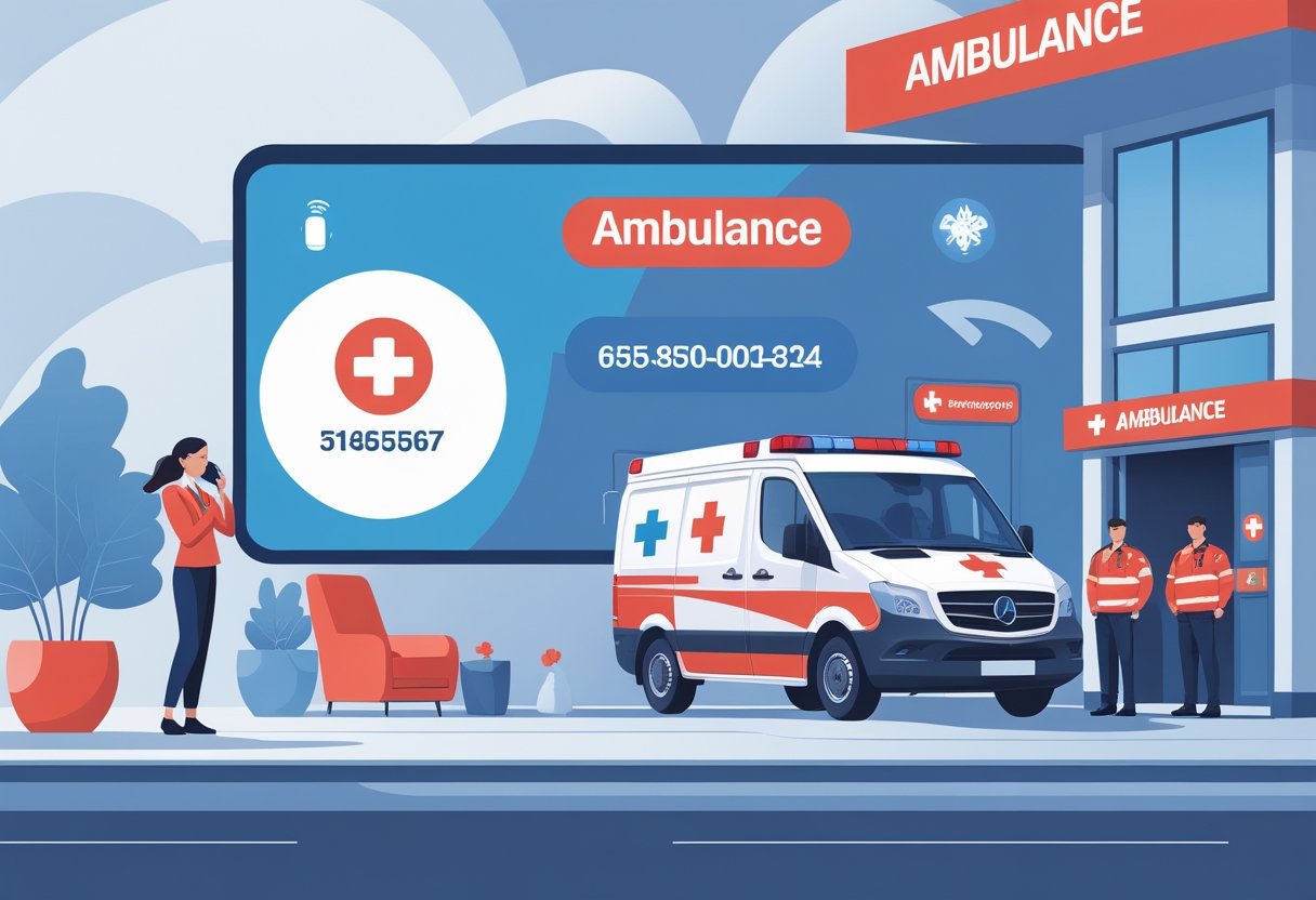 Pessoa fazendo uma ligação para solicitar uma ambulância, com uma ambulância estacionada em frente a um hospital e profissionais de saúde prontos para atendimento.
