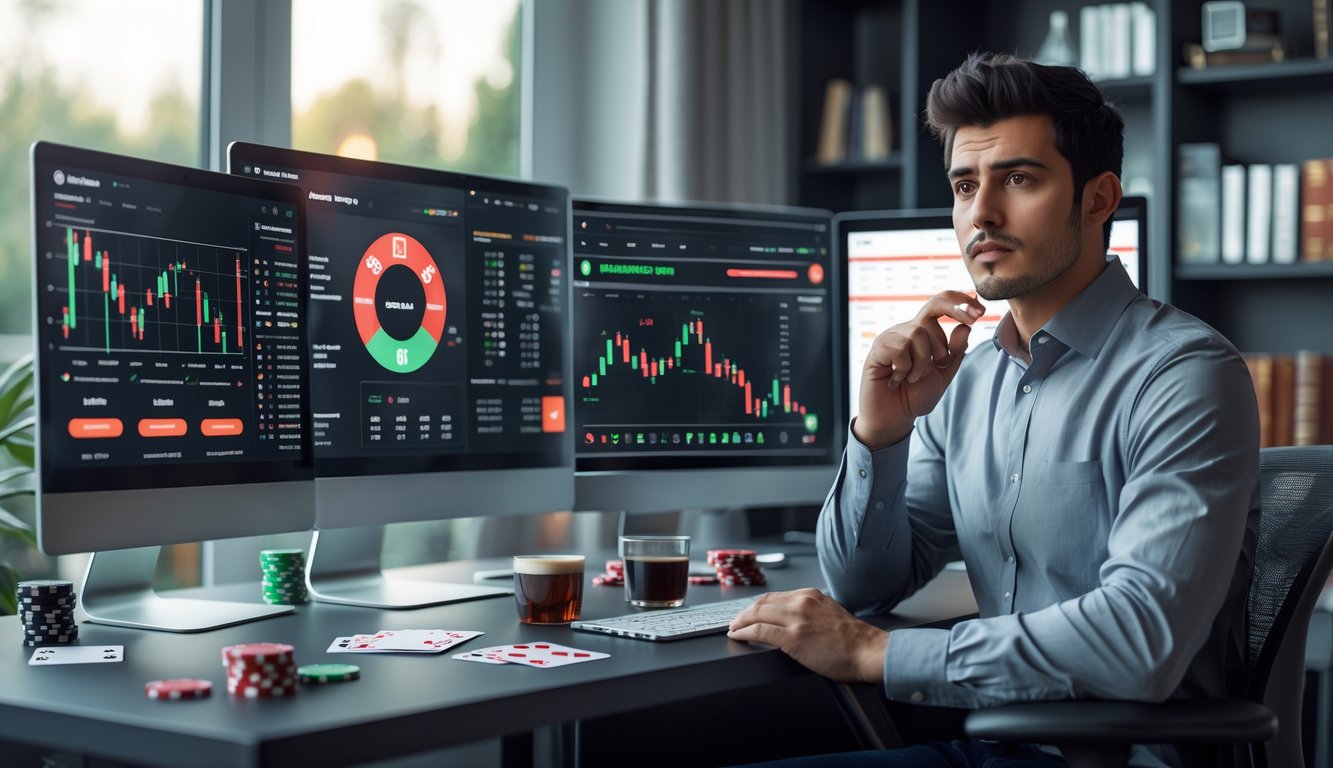 Seorang pria muda duduk di meja kerja modern dengan beberapa layar komputer yang menampilkan situs judi online dan grafik analisis, tampak fokus dan serius.