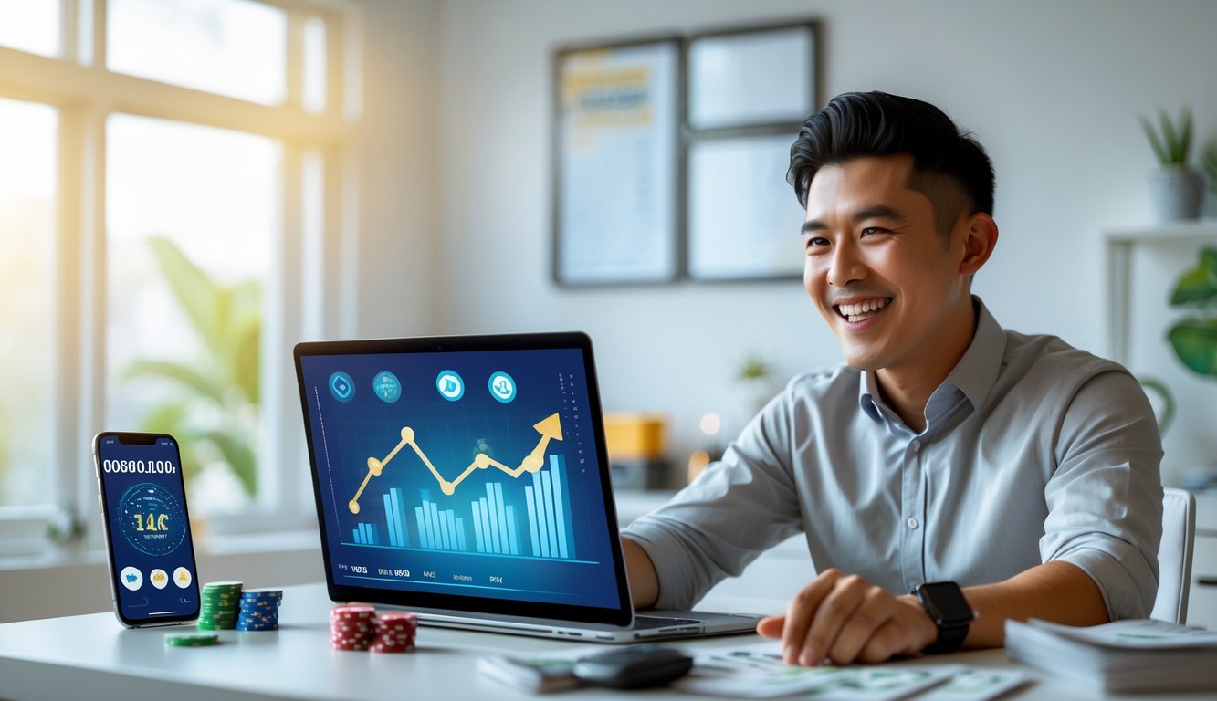 Seorang pria muda tersenyum duduk di meja kerja dengan laptop dan beberapa chip judi serta uang di sekitarnya.