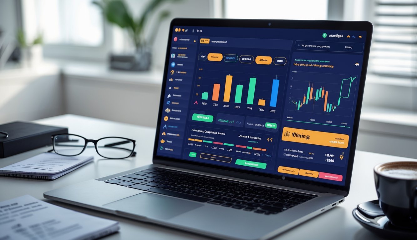 Meja kerja modern dengan laptop dan ponsel yang menampilkan aplikasi judi online, secangkir kopi, dan suasana fokus di ruang kantor yang terang.