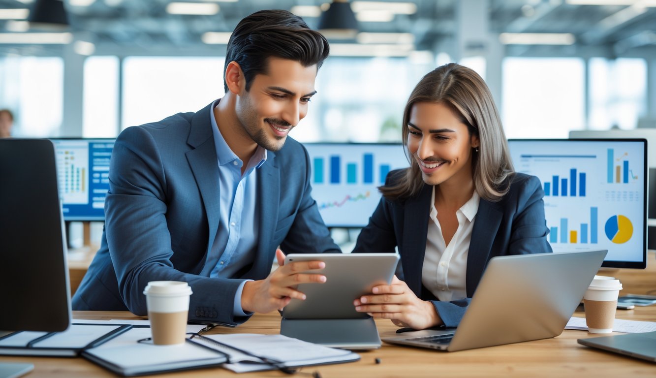 Seorang pria dan wanita bekerja sama di kantor modern menggunakan tablet dan laptop untuk merencanakan strategi.