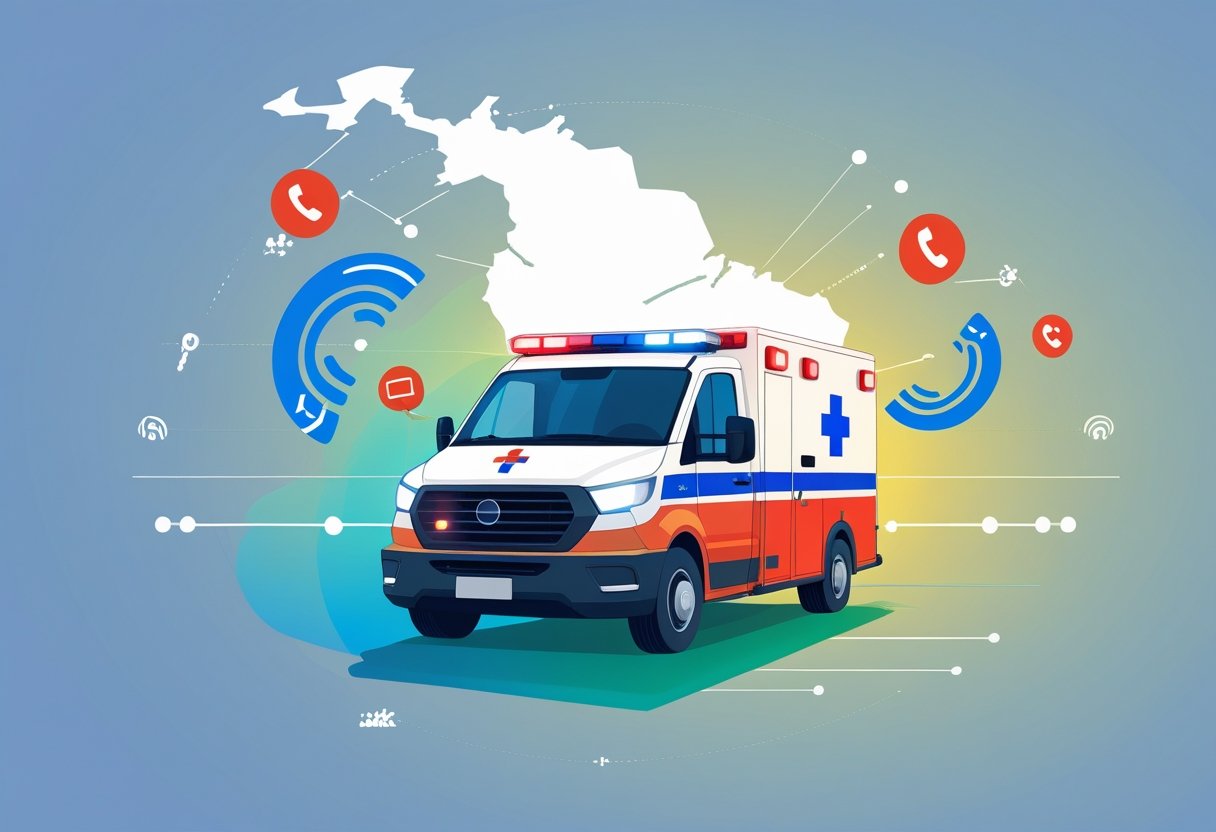 Ilustração mostrando uma ambulância com luzes de emergência ligadas, ícones de telefone e ondas de sinal ao redor, com um mapa estilizado do Brasil ao fundo.