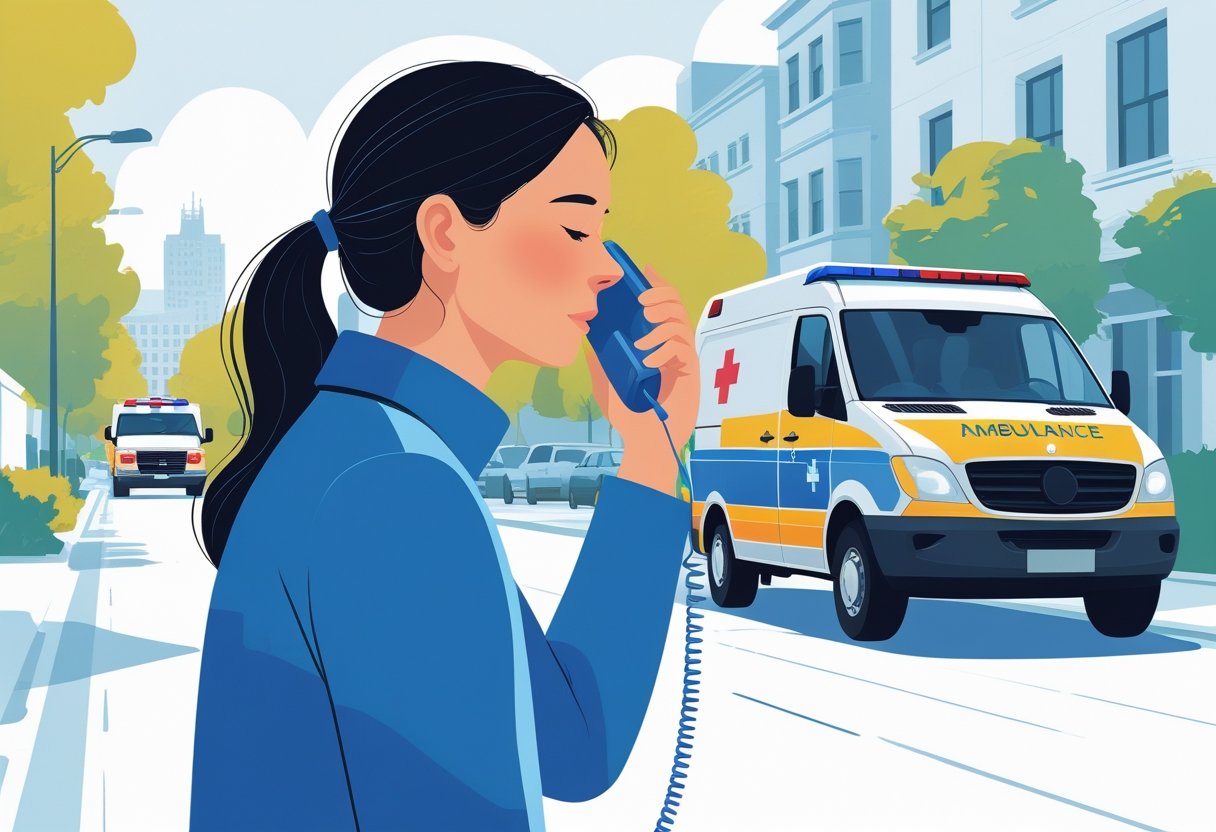 Pessoa segurando um telefone em uma rua com uma ambulância ao fundo pronta para atender uma emergência.