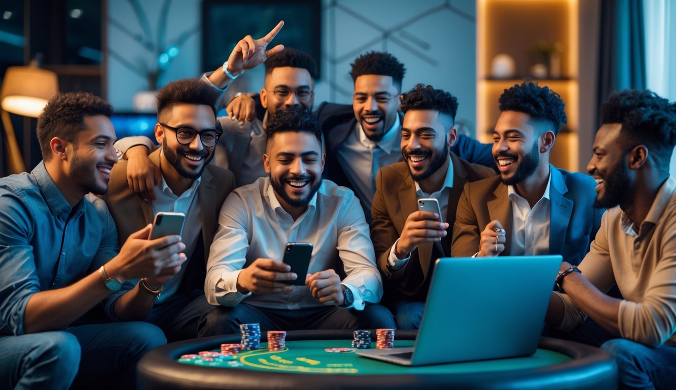 Sekelompok pria merayakan kemenangan judi online dengan ekspresi senang di ruang tamu modern.