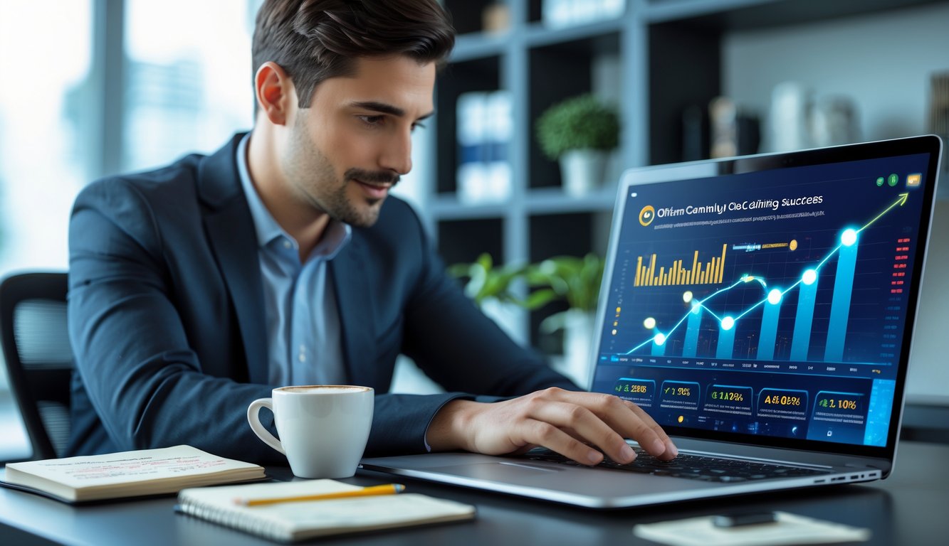 Seorang pria duduk di meja kerja dengan laptop dan catatan, tampak fokus dan serius dalam suasana kantor modern.