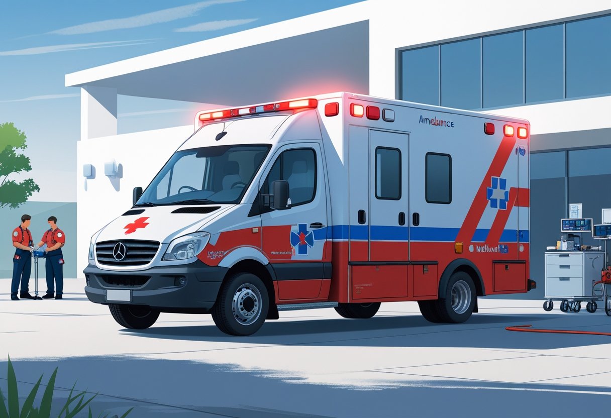 Ilustração de uma ambulância Tipo E estacionada em frente a um hospital, com paramédicos próximos e equipamentos médicos visíveis.