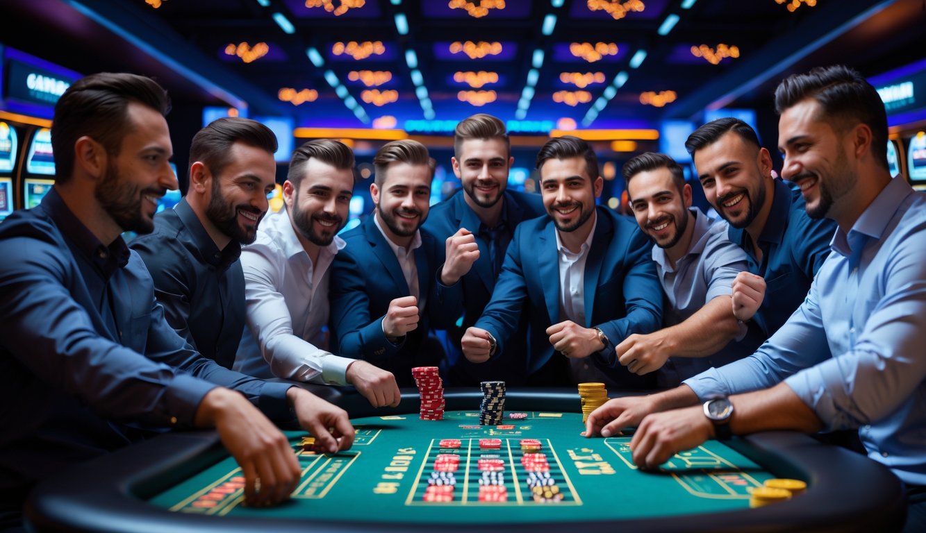 Sekelompok pria sedang bermain berbagai jenis permainan judi di meja kasino modern dengan suasana ceria dan fokus.