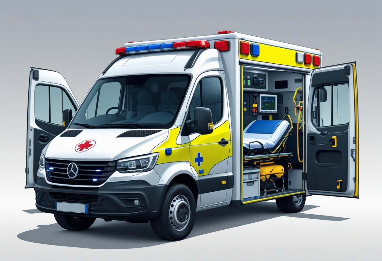 Ilustração de uma ambulância tipo E com portas abertas mostrando equipamentos médicos internos, como maca, tanques de oxigênio e desfibrilador.